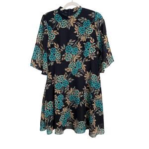 Women's L Cottagecore Floral High Neck Bell Sheer Sleeve Lined Dress Modest Boho
